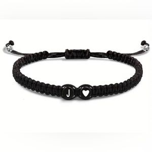Letter J Bead Black Braided Bracelet or anklet. Adjustable with heart